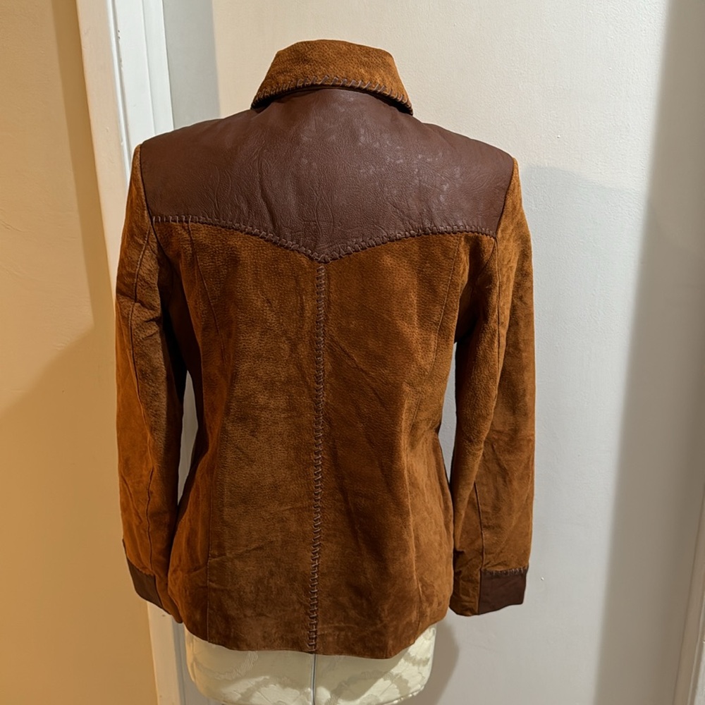 Lee Vintage Chestnut Brown Genuine Leather Suede Embossed Zip Up Lined Jacket M - Picture 5 of 12